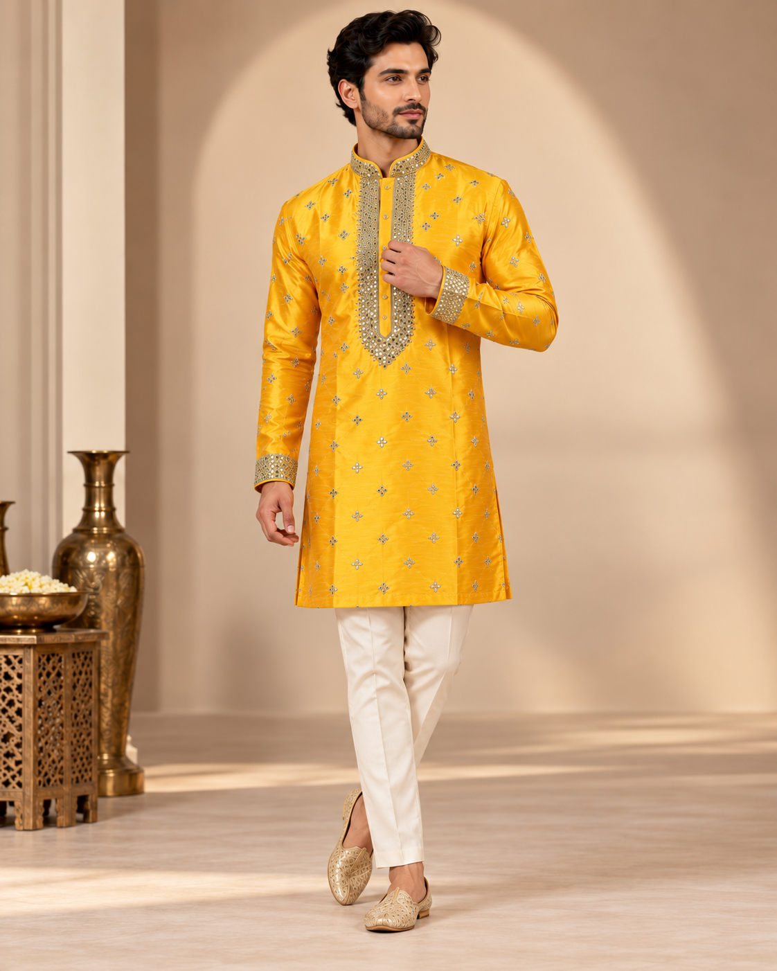 Mustard Yellow Embellished Kurta with Ivory Straight Pants Set — Kurta Sets | Lehar Clothing UAE