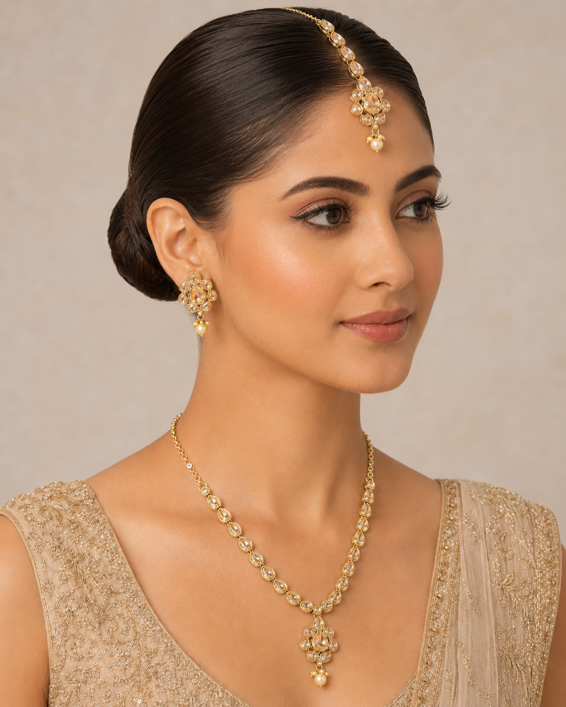 White Kundan Necklace Set with Maang Tikka - Gold Tone Indian Bridal Jewelry — Jewellery — view 2 | Lehar Clothing UAE