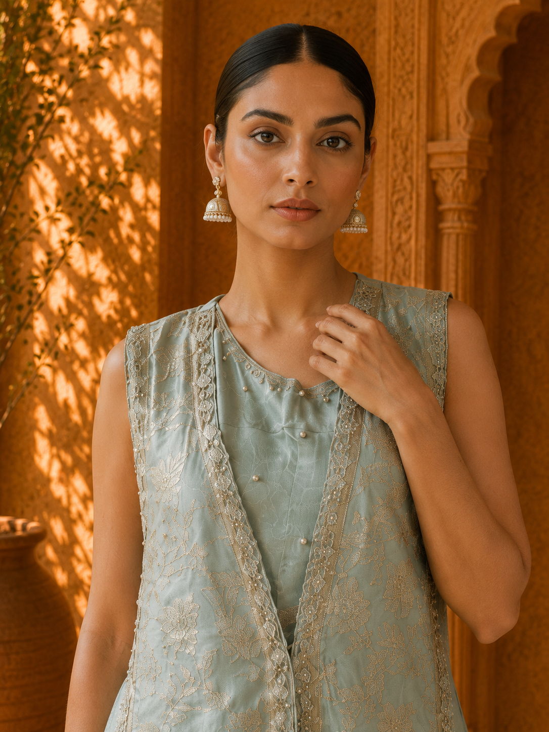 Sage Green Embroidered 3-Piece Long Jacket, Blouse & Palazzo Set — Palazzo Sets — view 2 | Lehar Clothing UAE