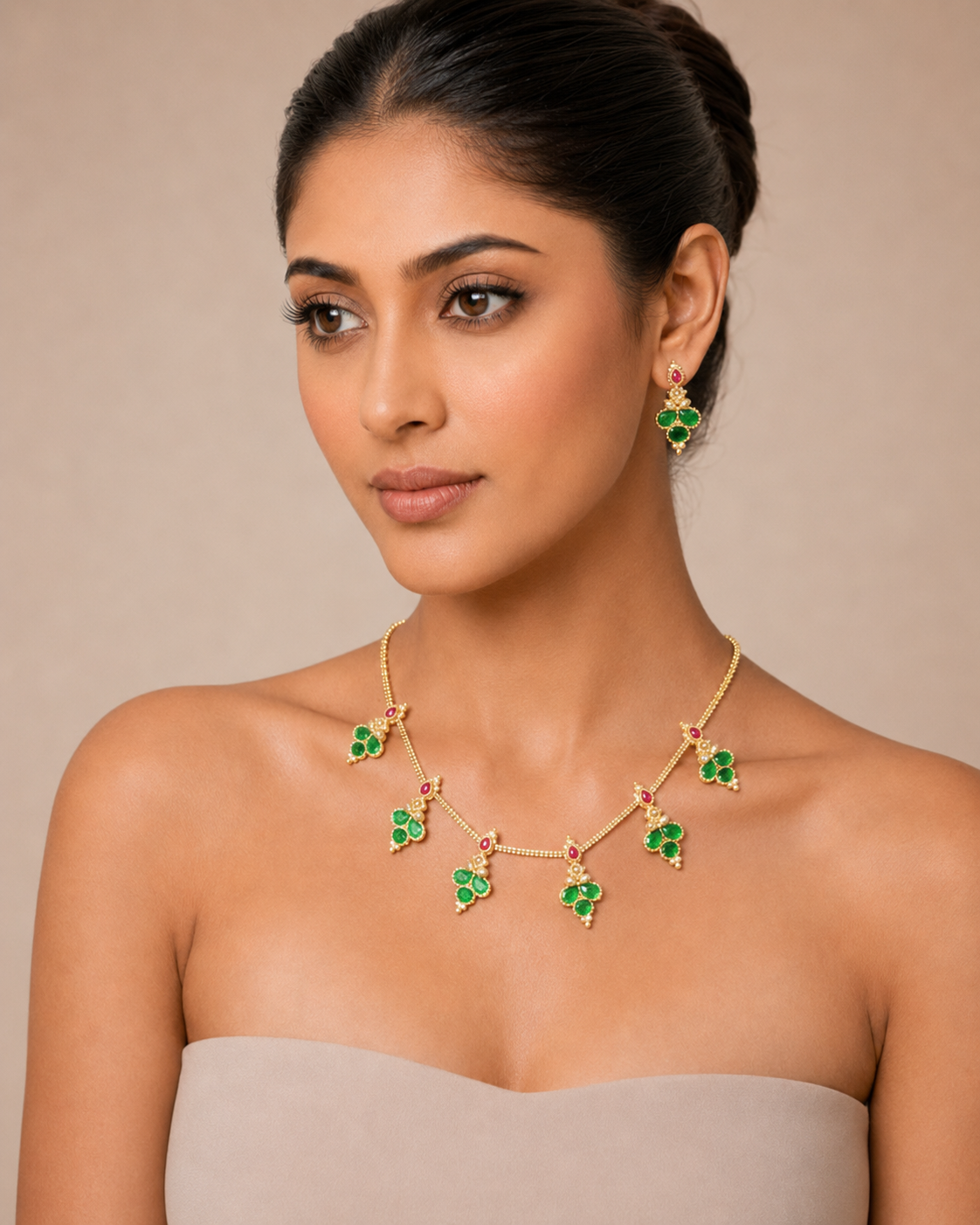 Green Stone Necklace & Earring Set – Gold-Tone Indian Traditional Jewelry — Jewellery — view 2 | Lehar Clothing UAE