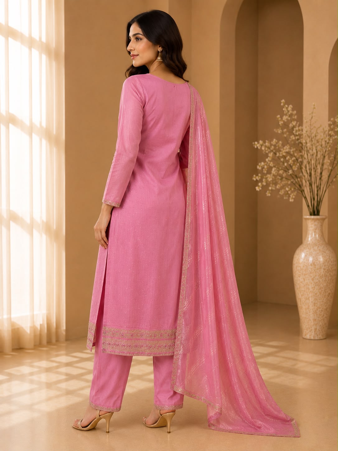Women's Pink 3-Piece Embroidered Kurta and Pant Set with Dupatta — Kurta Sets — view 3 | Lehar Clothing UAE