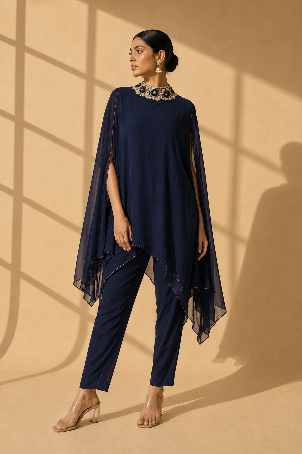 Navy Blue Embroidered Kaftan Cape Kurta Set — Kurta Sets - Plus Size | Lehar Clothing UAE