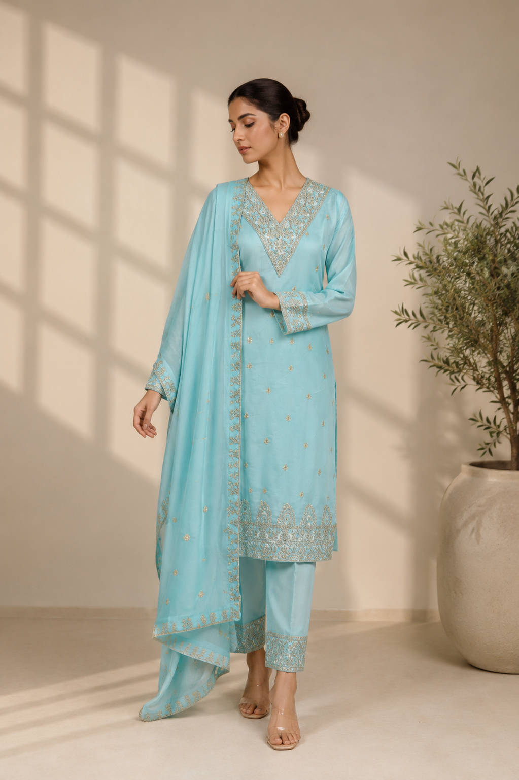 Sky Blue Embroidered Kurta Set with Dupatta — Kurta Sets | Lehar Clothing UAE