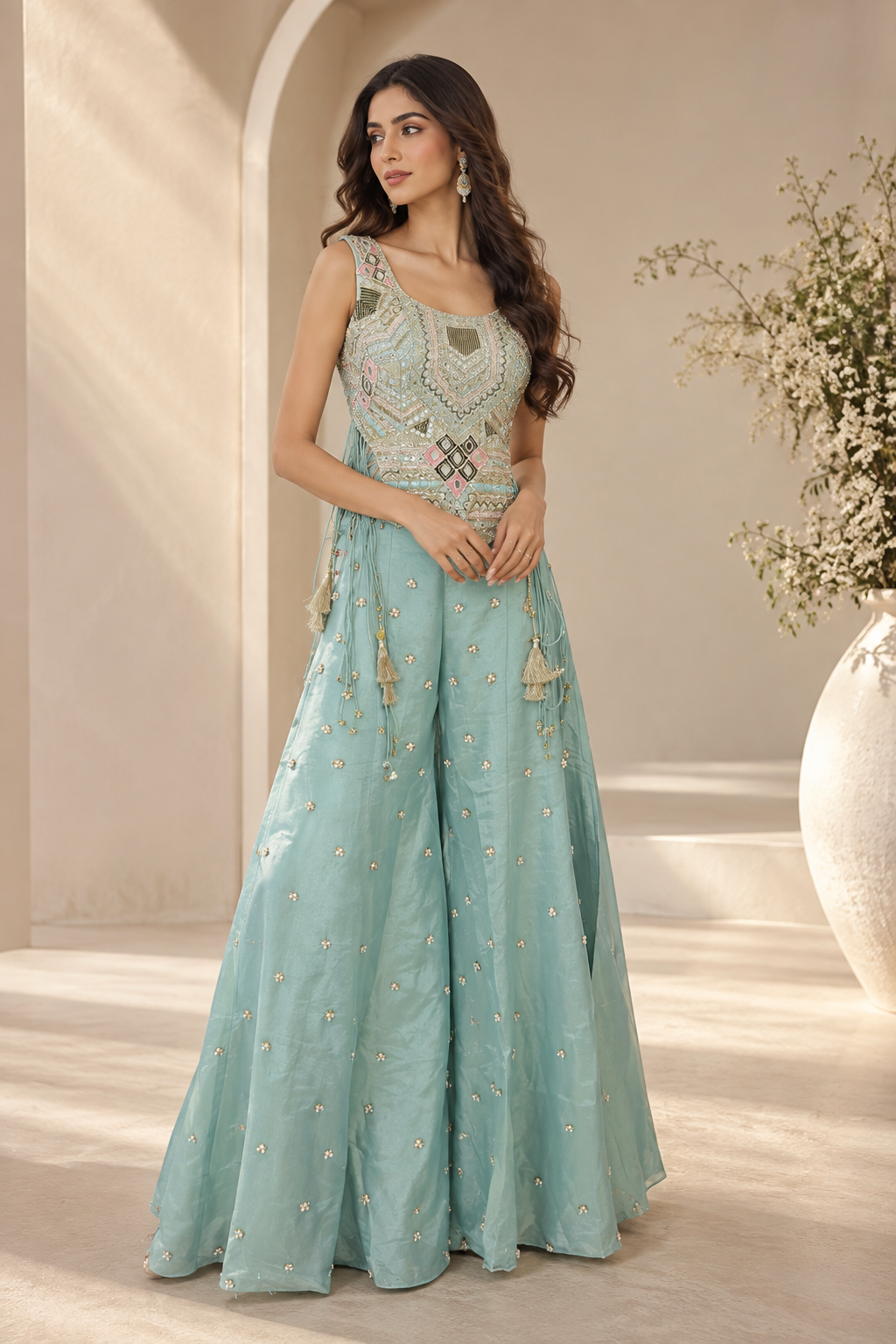 Pastel Aqua Blue Mirror & Sequin Embellished Bustier Top with Tassel Detailing & Wide-Leg Flared Palazzo Pants Set — Fusion wear — view 2 | Lehar Clothing UAE