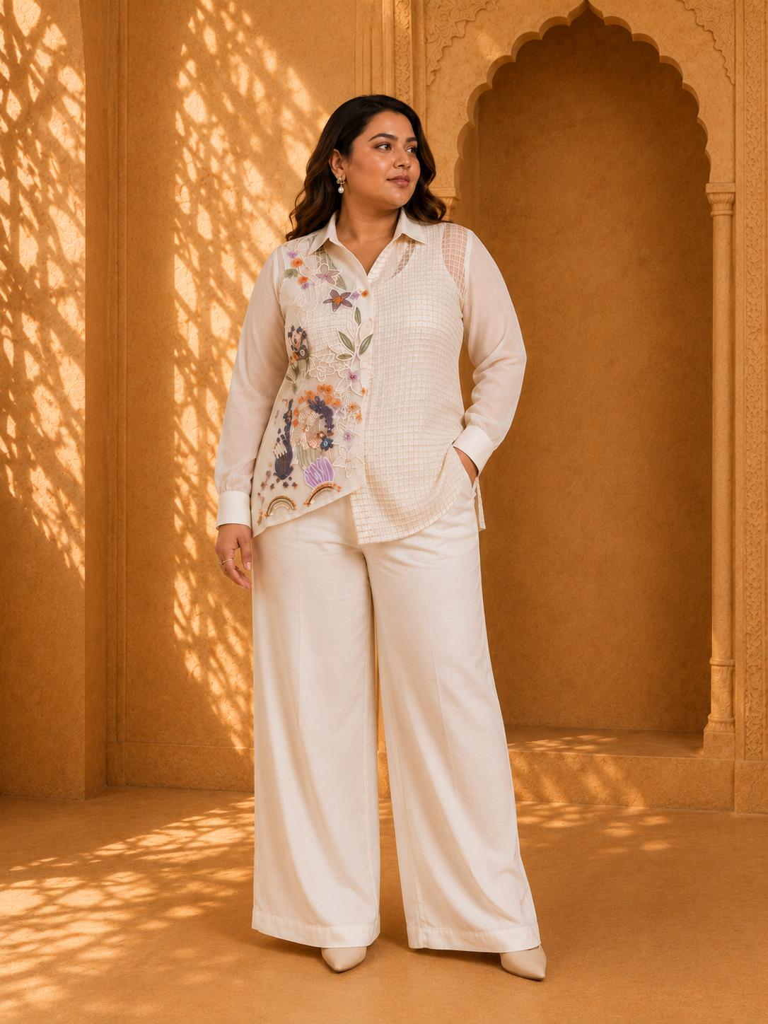 Lehar Ivory Floral Embroidered Overlay Co-Ord Set with Textured Inner Blouse & Palazzo Pants — Co-ord Set — view 4 | Lehar Clothing UAE