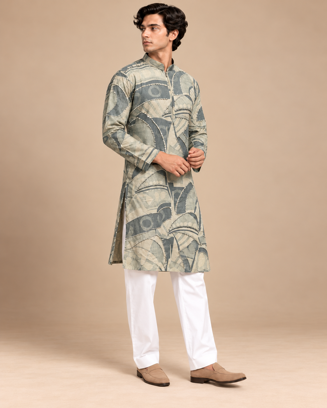 Men's Sage Green & Beige Abstract Print Kurta Set with Embellished Detailing and White Pants — Kurta Sets | Lehar Clothing UAE
