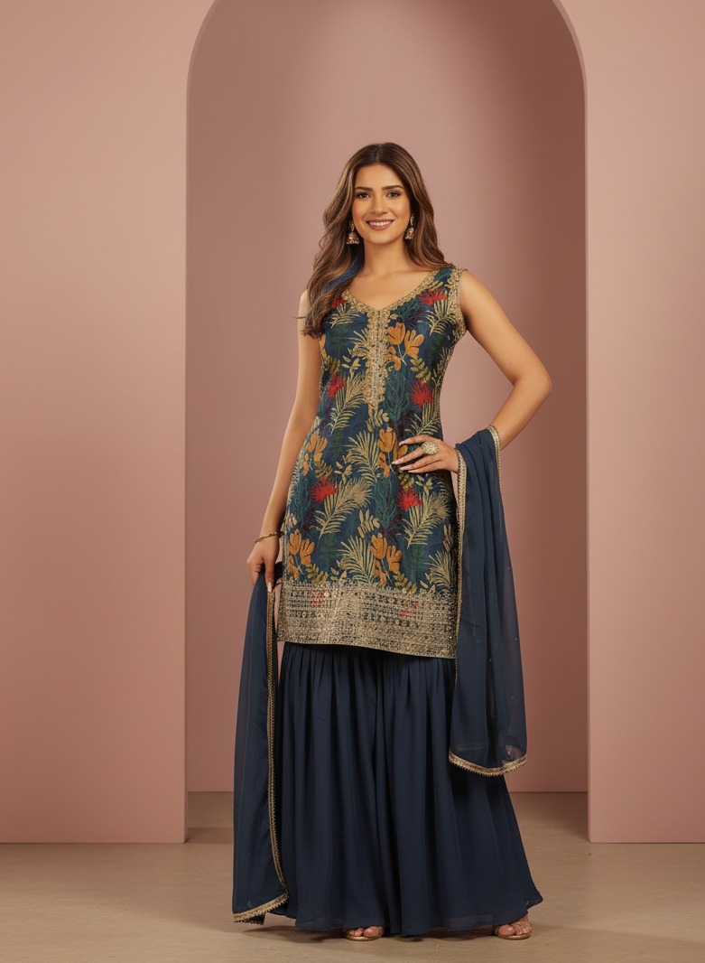 Floral Printed & Embroidered Sleeveless Sharara Set — Sharara Set | Lehar Clothing UAE
