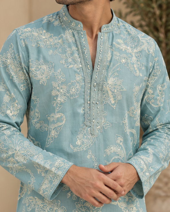 Men's Seafoam Blue Floral Embroidered Kurta Set with Matching Straight Pants — Kurta Sets — view 3 | Lehar Clothing UAE