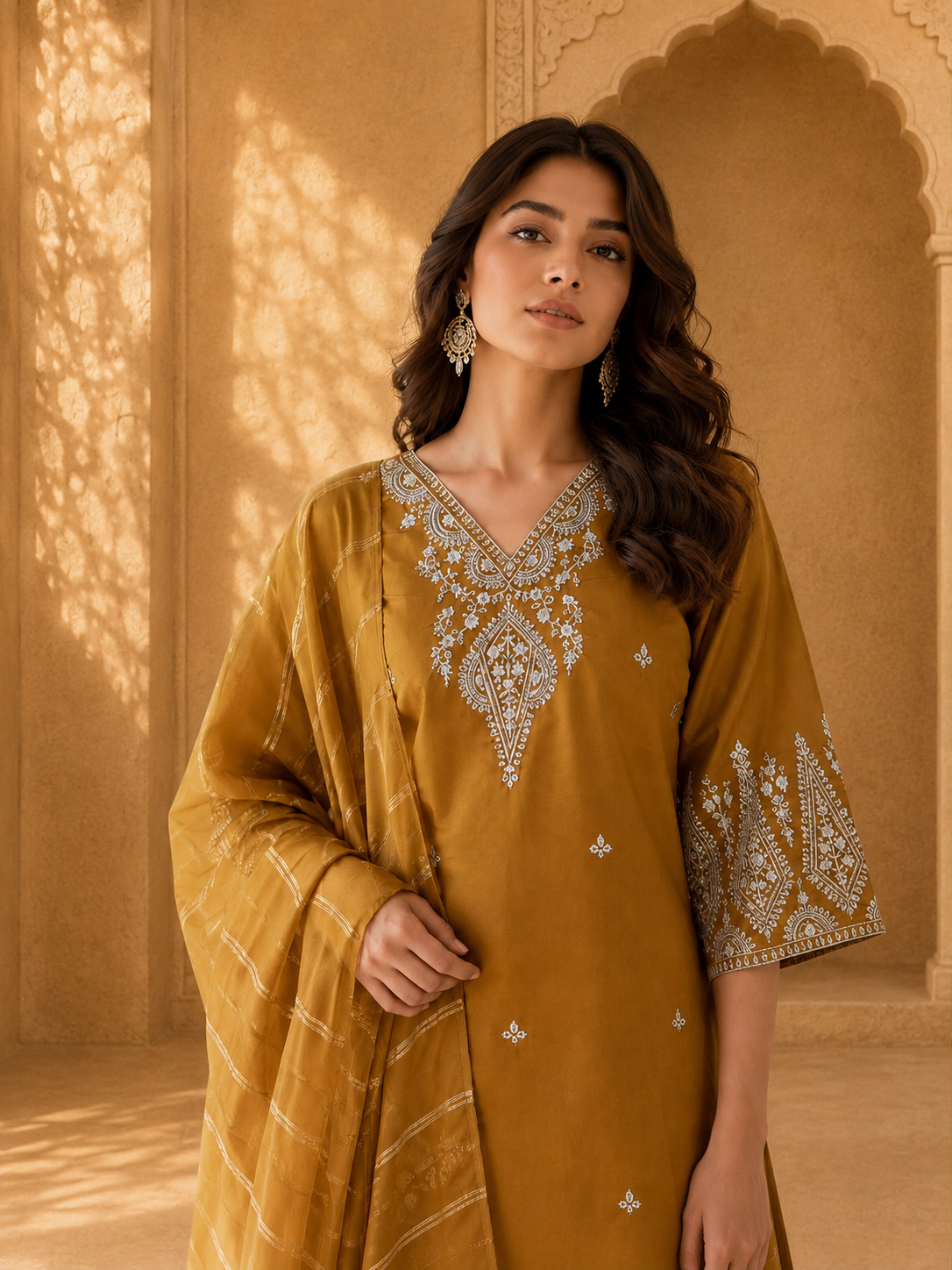 Tan Muslin Cotton Embroidered Kurta Set with Organza Dupatta — Kurta Sets — view 2 | Lehar Clothing UAE