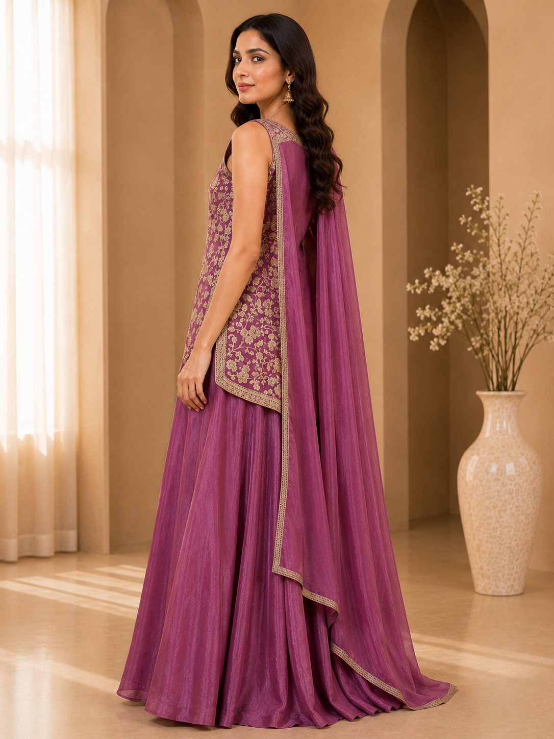 Women's Pink 3-Piece Embroidered Sharara Suit with Dupatta — Sharara Set — view 2 | Lehar Clothing UAE