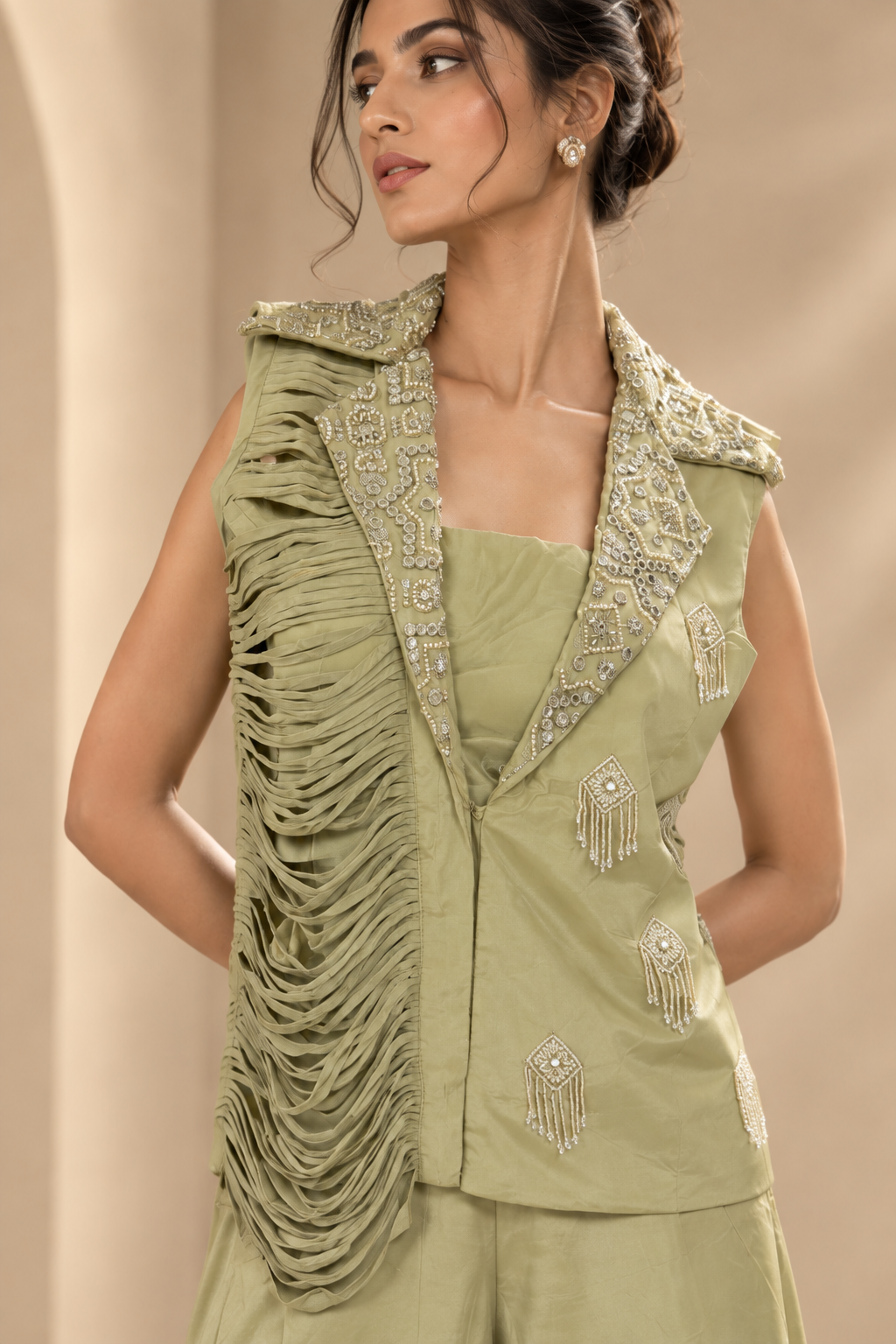 Sage Green Embellished Draped Vest with Wide-Leg Palazzo Pants Indo-Western Co-ord Set — Palazzo Sets — view 2 | Lehar Clothing UAE