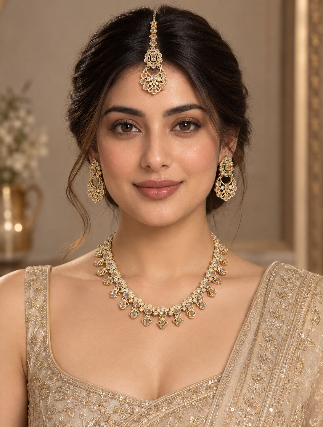 Champagne Gold Kundan Necklace Set with Filigree Earrings & Maang Tikka – Indian Bridal Jewelry — Jewellery — view 2 | Lehar Clothing UAE