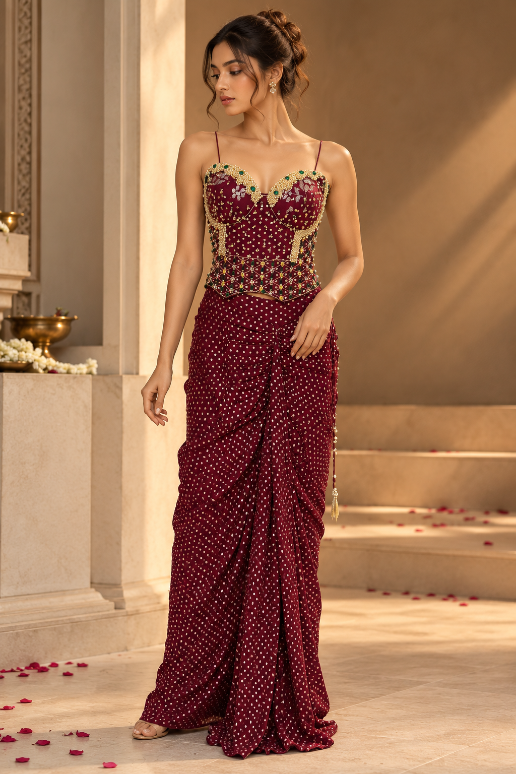 Women's Deep Maroon Embellished Sweetheart Neck Bustier with Mirror & Bead Work and Pre-Draped Saree Set — Sarees — view 2 | Lehar Clothing UAE