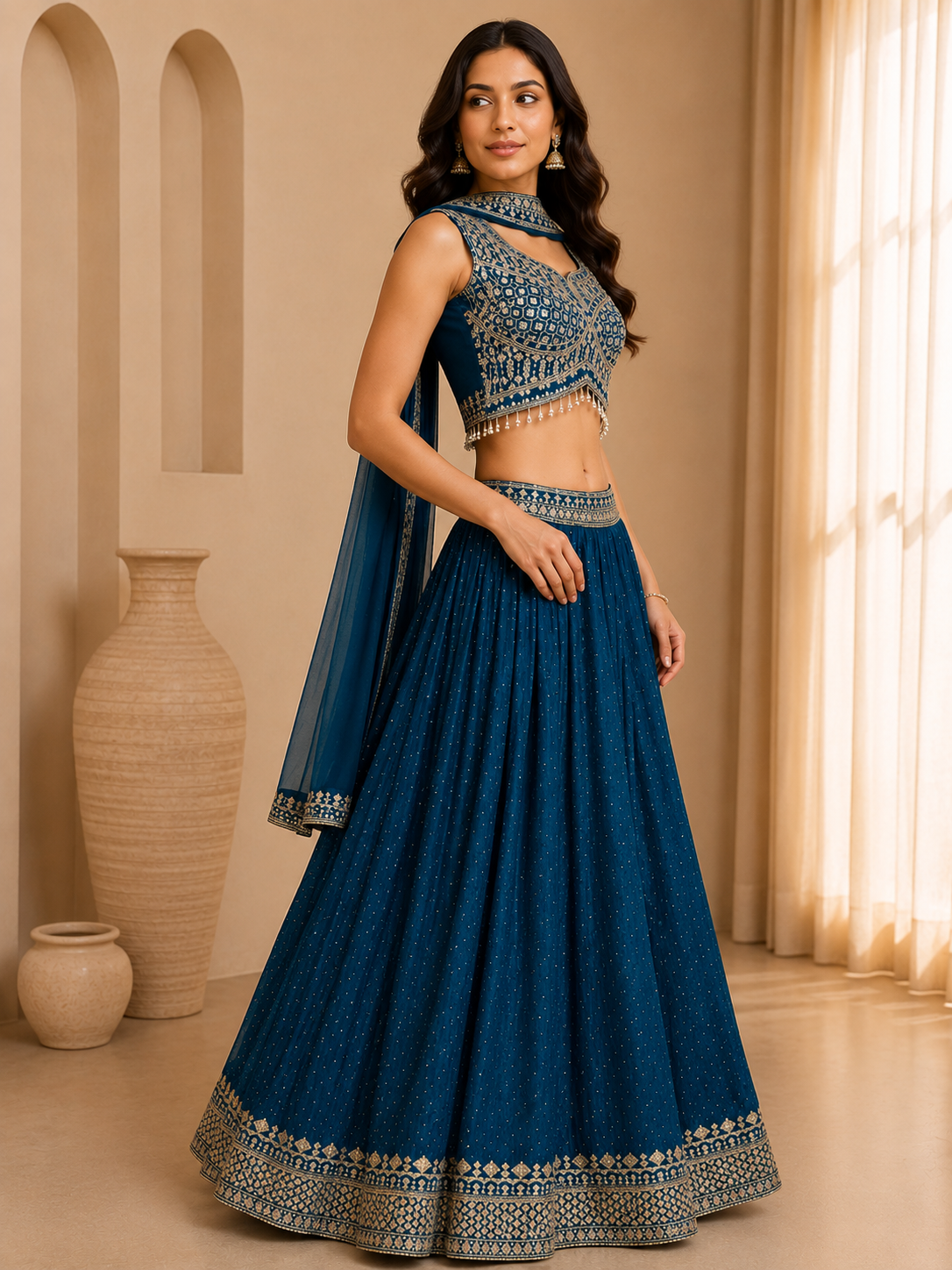Royal Blue Embroidered Lehenga Set with Designer Blouse & Dupatta — Lehenga — view 2 | Lehar Clothing UAE