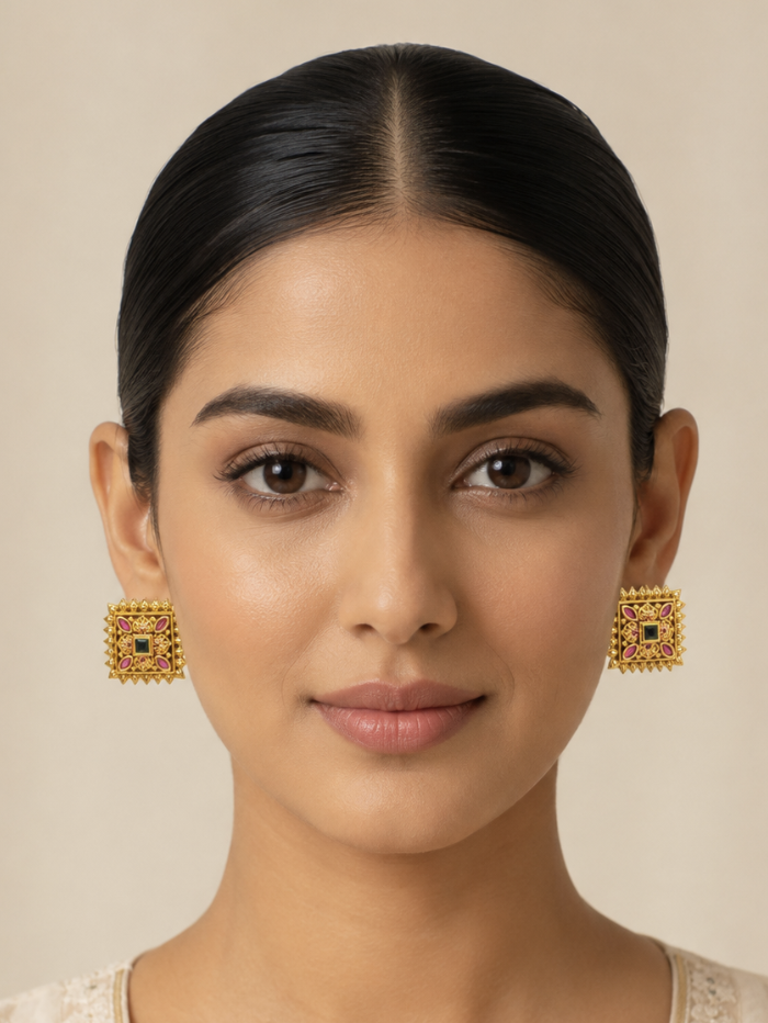 Women’s Gold-Tone Multicolor Kundan Square Stud Earrings — Jewellery | Lehar Clothing UAE