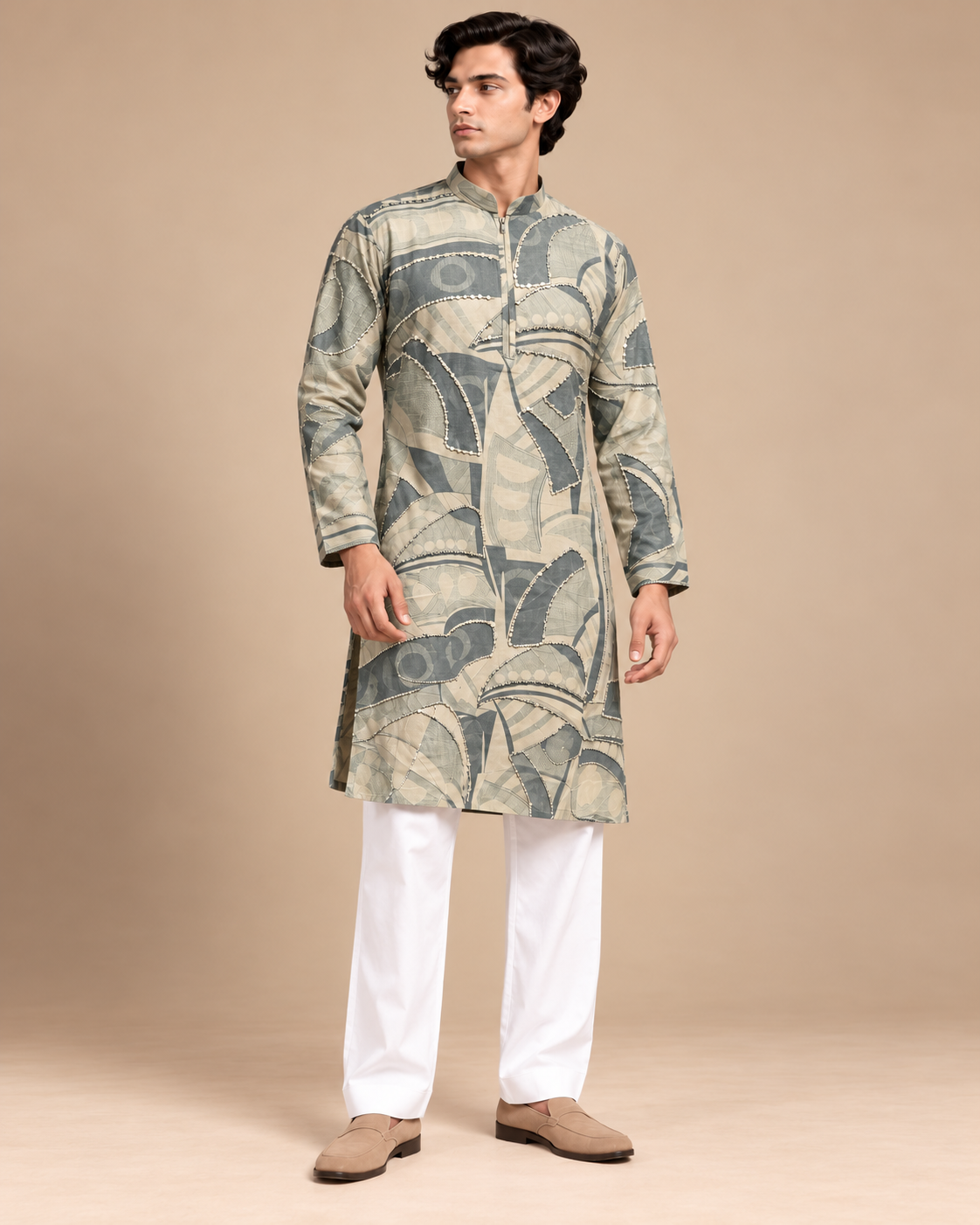 Men's Sage Green & Beige Abstract Print Kurta Set with Embellished Detailing and White Pants — Kurta Sets — view 2 | Lehar Clothing UAE
