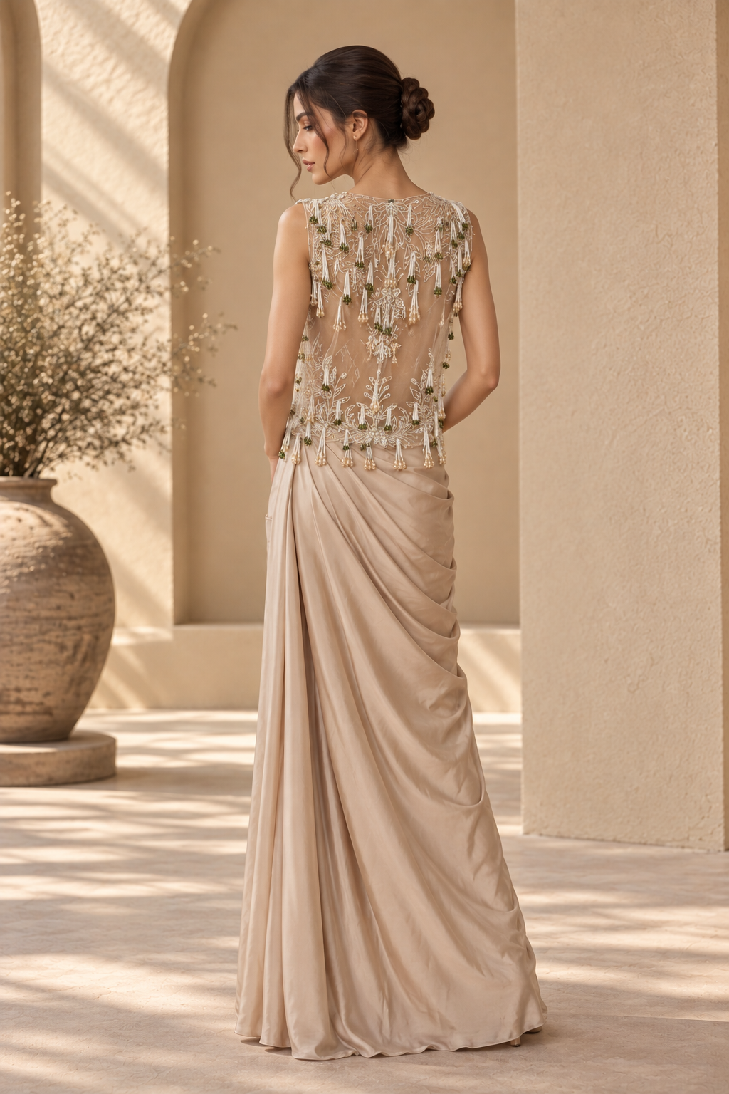 Light Beige Embellished Bustier with Fringe Overlay & Draped Satin Skirt Set — Fusion wear — view 2 | Lehar Clothing UAE