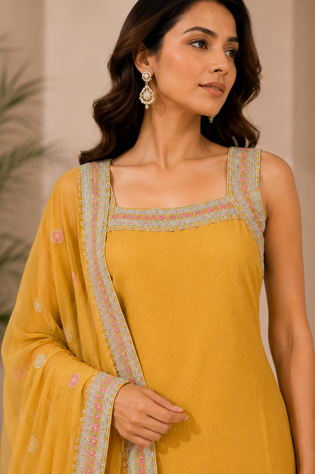 Yellow Square-Neck Embellished Straight Kurti with Matching Trousers and Bordered Dupatta — Kurta Sets — view 3 | Lehar Clothing UAE