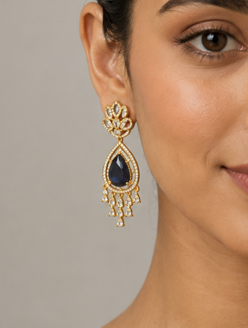 Women’s Navy Blue Teardrop Crystal Chandelier Earrings — Jewellery — view 2 | Lehar Clothing UAE