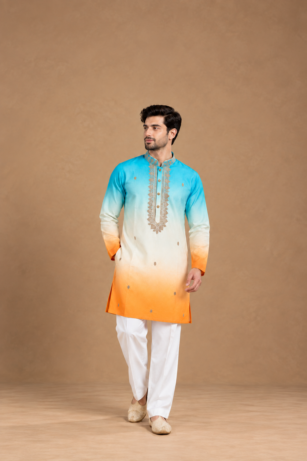 Men’s Turquoise Ivory Orange Ombre Embroidered Kurta Pajama Set — Kurta Sets | Lehar Clothing UAE