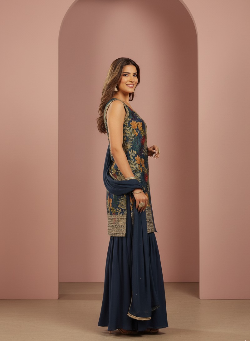 Floral Printed & Embroidered Sleeveless Sharara Set — Sharara Set — view 2 | Lehar Clothing UAE