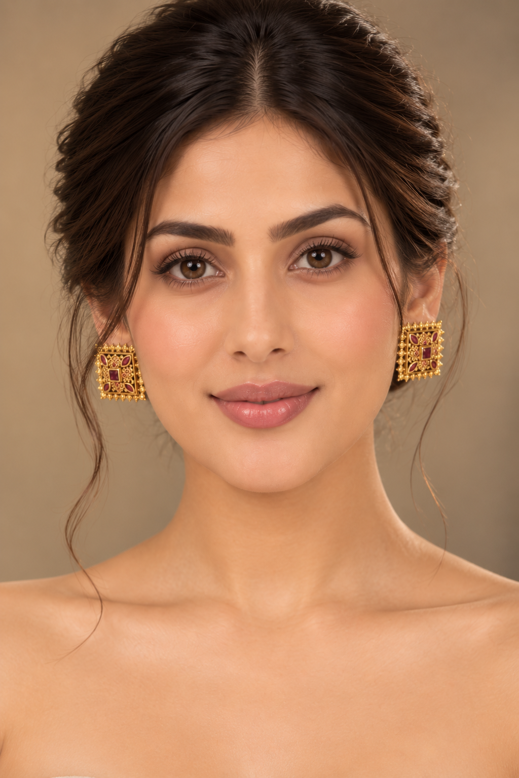 Ruby Red Color Square Temple Studs - Gold Tone Indian Traditional Jewelry — Jewellery | Lehar Clothing UAE