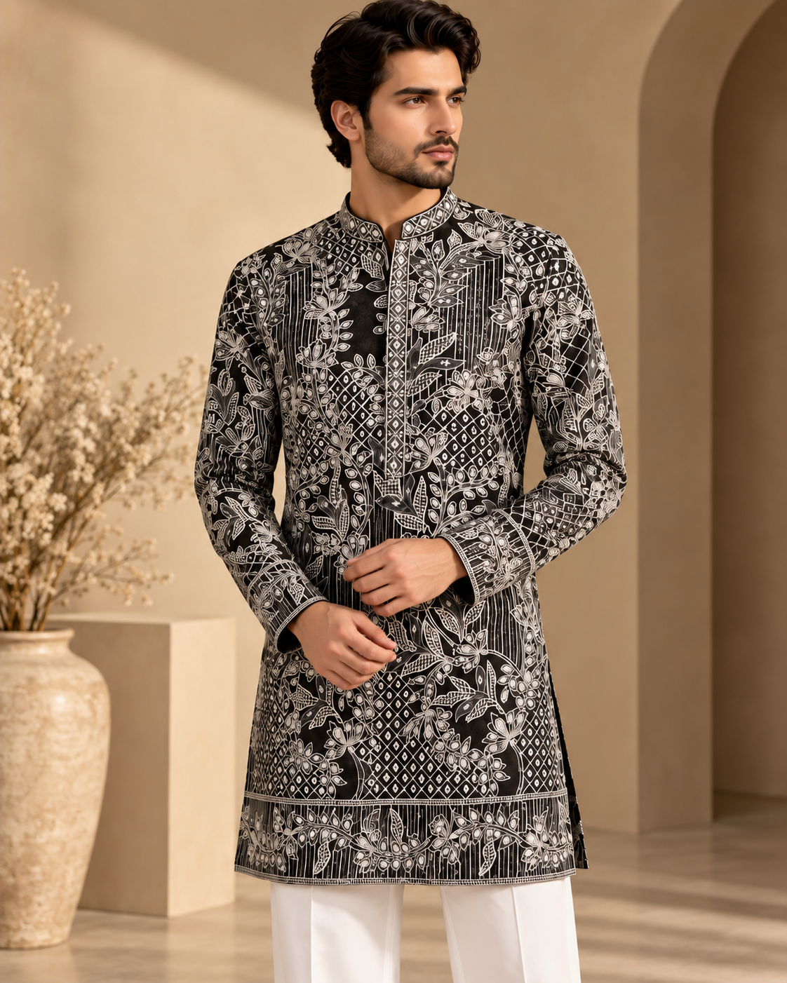 Men’s Black Embroidered Velvet Kurta with Soft Cotton Lining & White Trousers — Kurta Sets — view 3 | Lehar Clothing UAE