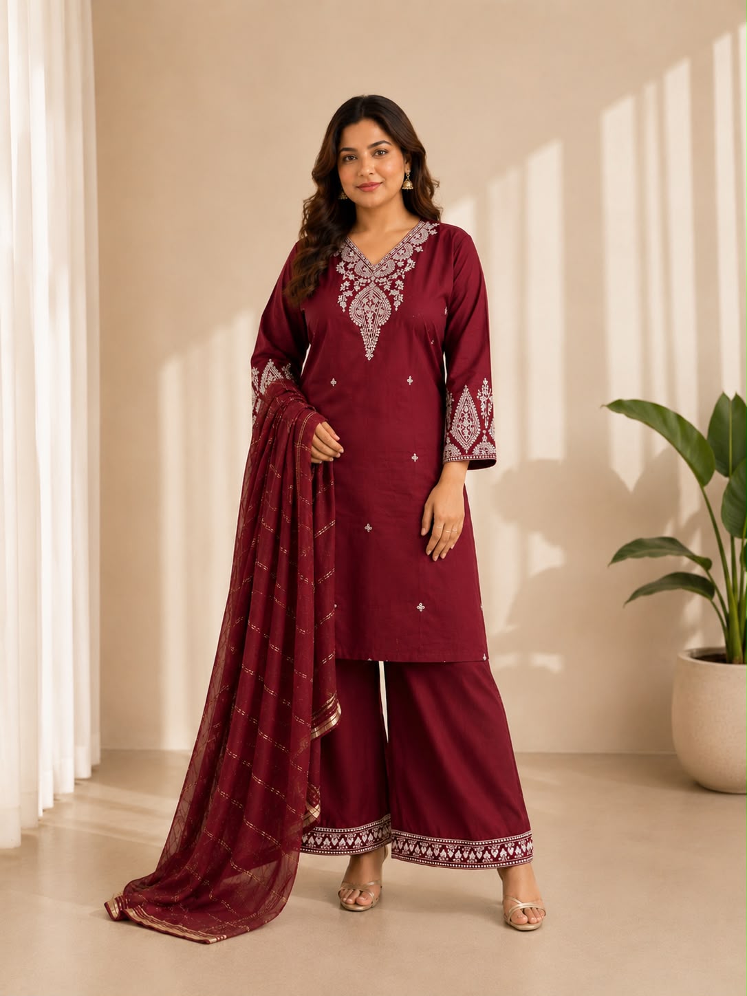 Burgandy Muslin Cotton Embroidered Kurta Set with Organza Dupatta — Kurta Sets — view 4 | Lehar Clothing UAE