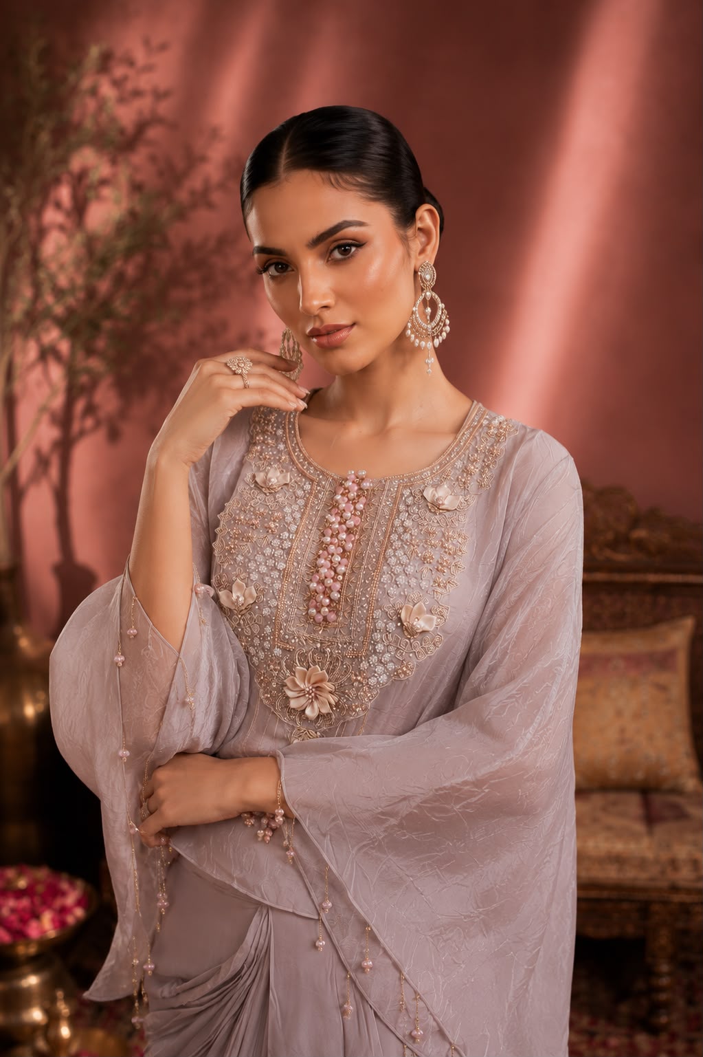 Dusty Lilac Hand-Embellished Kaftan Top with Draped Dhoti Skirt Set for Women — Fusion wear — view 3 | Lehar Clothing UAE