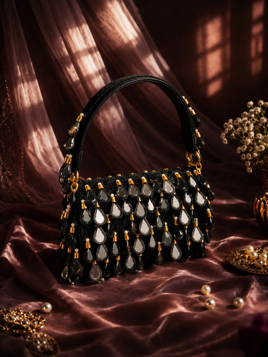 Black Beaded Mirror-Drop Fringe Clutch Bag — Bags | Lehar Clothing UAE