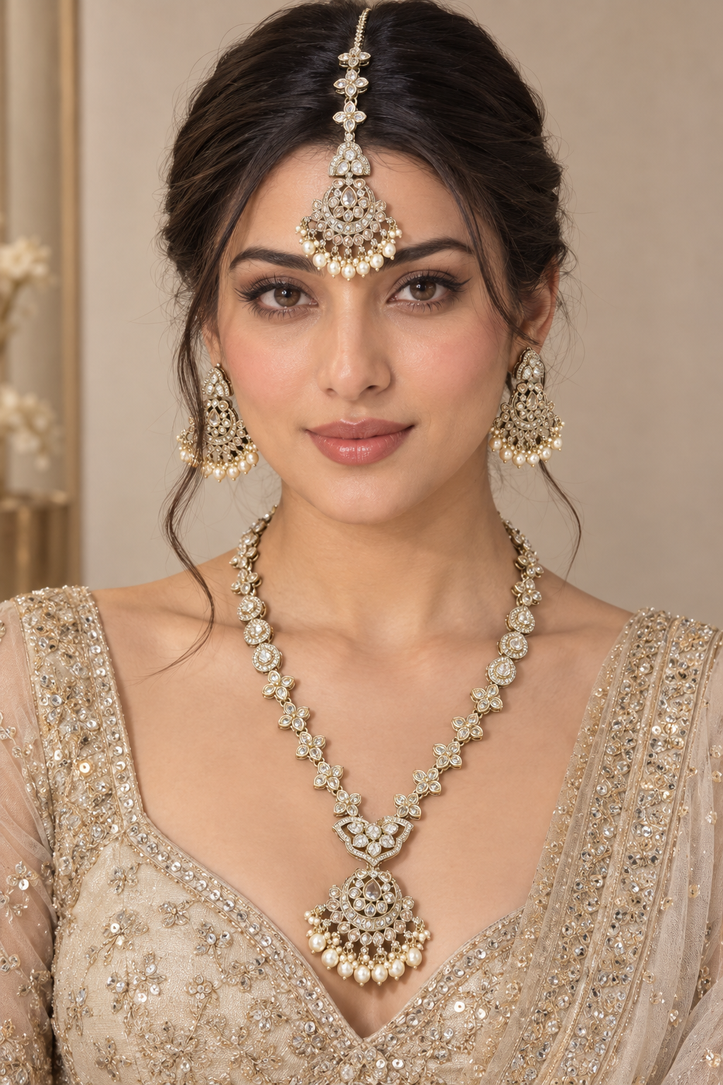 Long Kundan & Pearl Necklace Set with Earrings & Maang Tikka – Indian Bridal Rani Haar Jewelry — Jewellery — view 2 | Lehar Clothing UAE