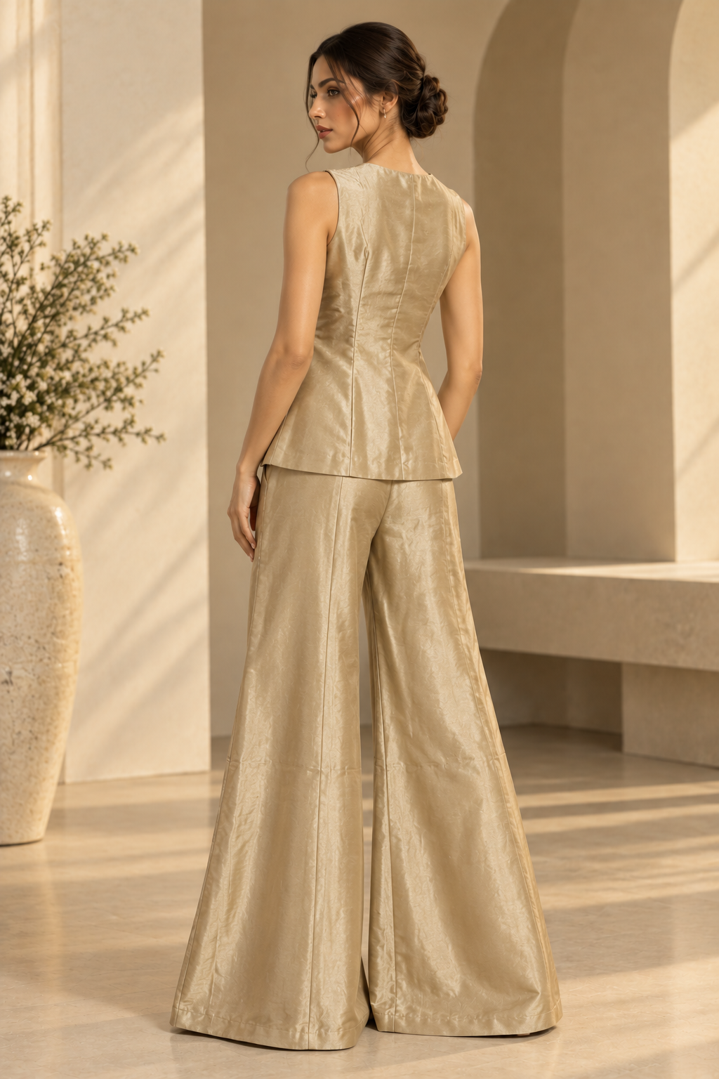 Champagne Beige Embellished Asymmetrical Top with Wide-Leg Palazzo Pants — Palazzo Sets — view 2 | Lehar Clothing UAE
