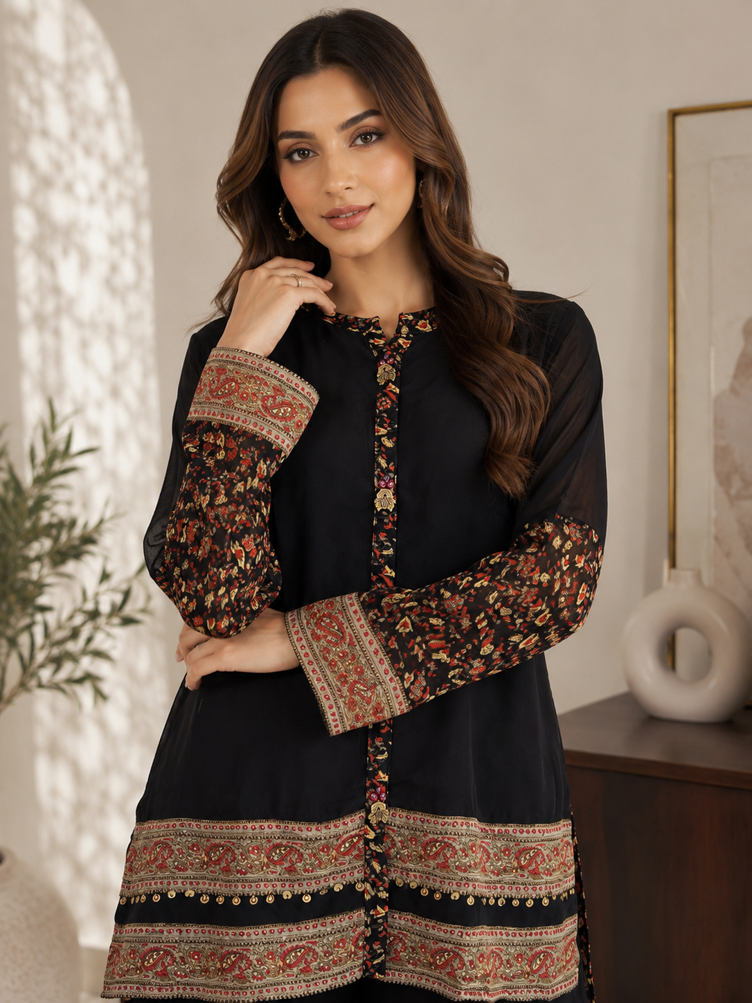 Women's Black Floral Border Embroidered Chiffon Co-Ord Set Plus Size — Co-ord Set — view 2 | Lehar Clothing UAE