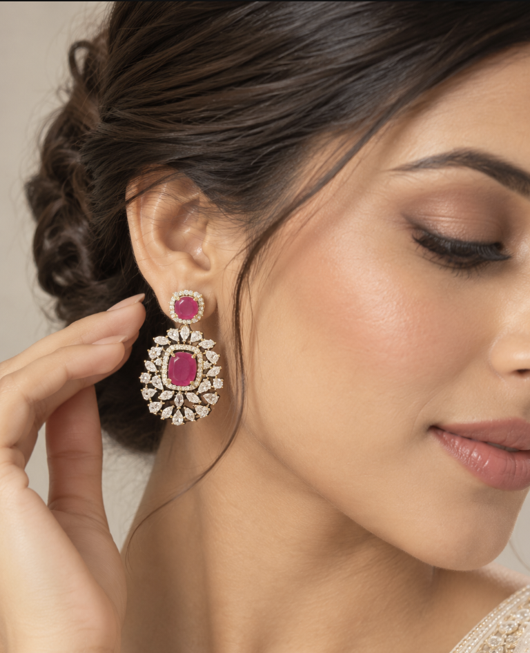 Women’s Ruby Pink & Clear Crystal Statement Drop Earrings – Gold-Tone Bridal Imitation Jewellery — Jewellery | Lehar Clothing UAE