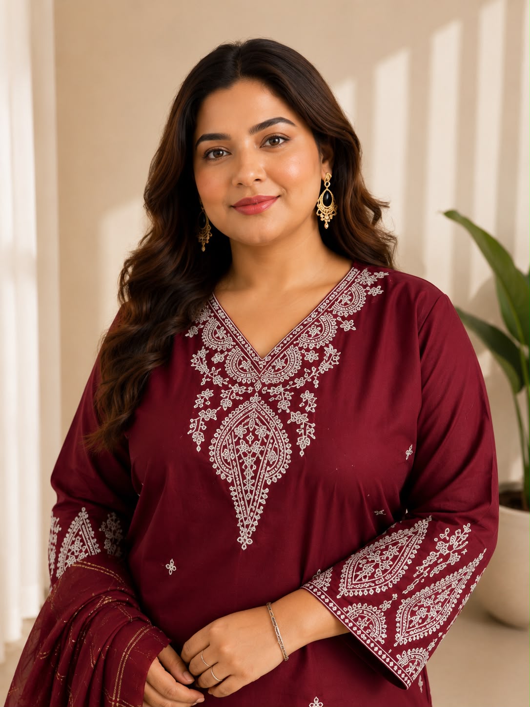 Burgandy Muslin Cotton Embroidered Kurta Set with Organza Dupatta — Kurta Sets — view 3 | Lehar Clothing UAE