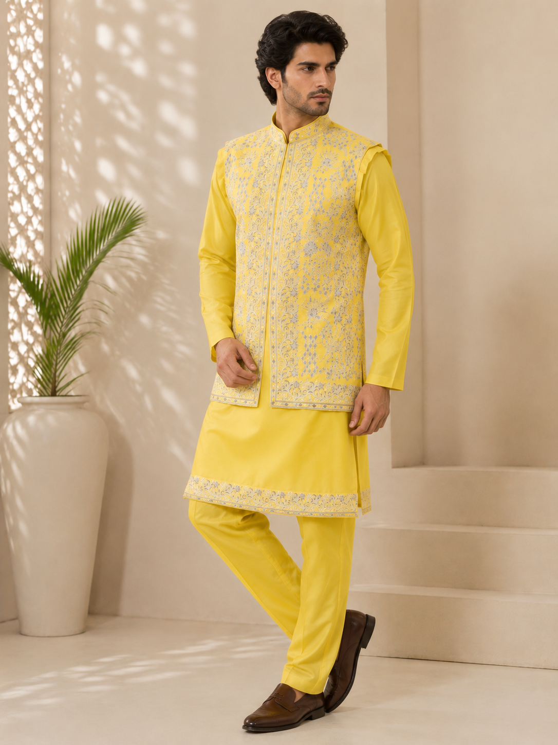 Yellow Embroidered Nehru Jacket with Kurta & Trousers Set — Kurta Sets — view 2 | Lehar Clothing UAE