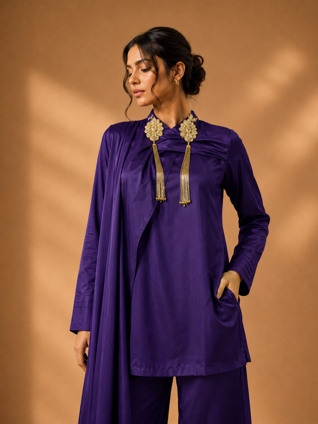 Velvet Plum Draped Satin Set — Kurta Sets — view 2 | Lehar Clothing UAE