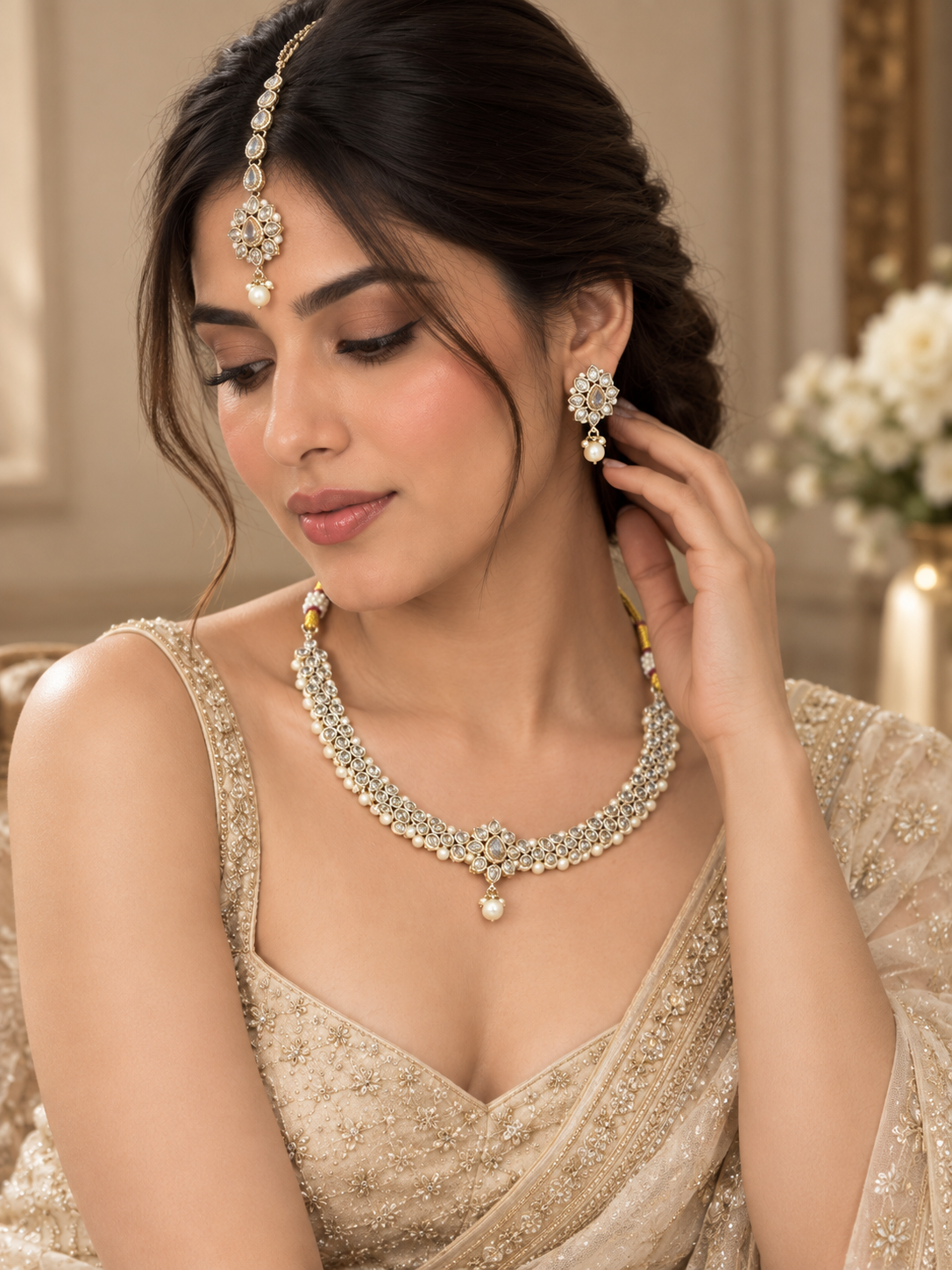 White Kundan & Pearl Choker Set with Earrings & Maang Tikka - Indian Bridal Jewelry — Jewellery — view 2 | Lehar Clothing UAE