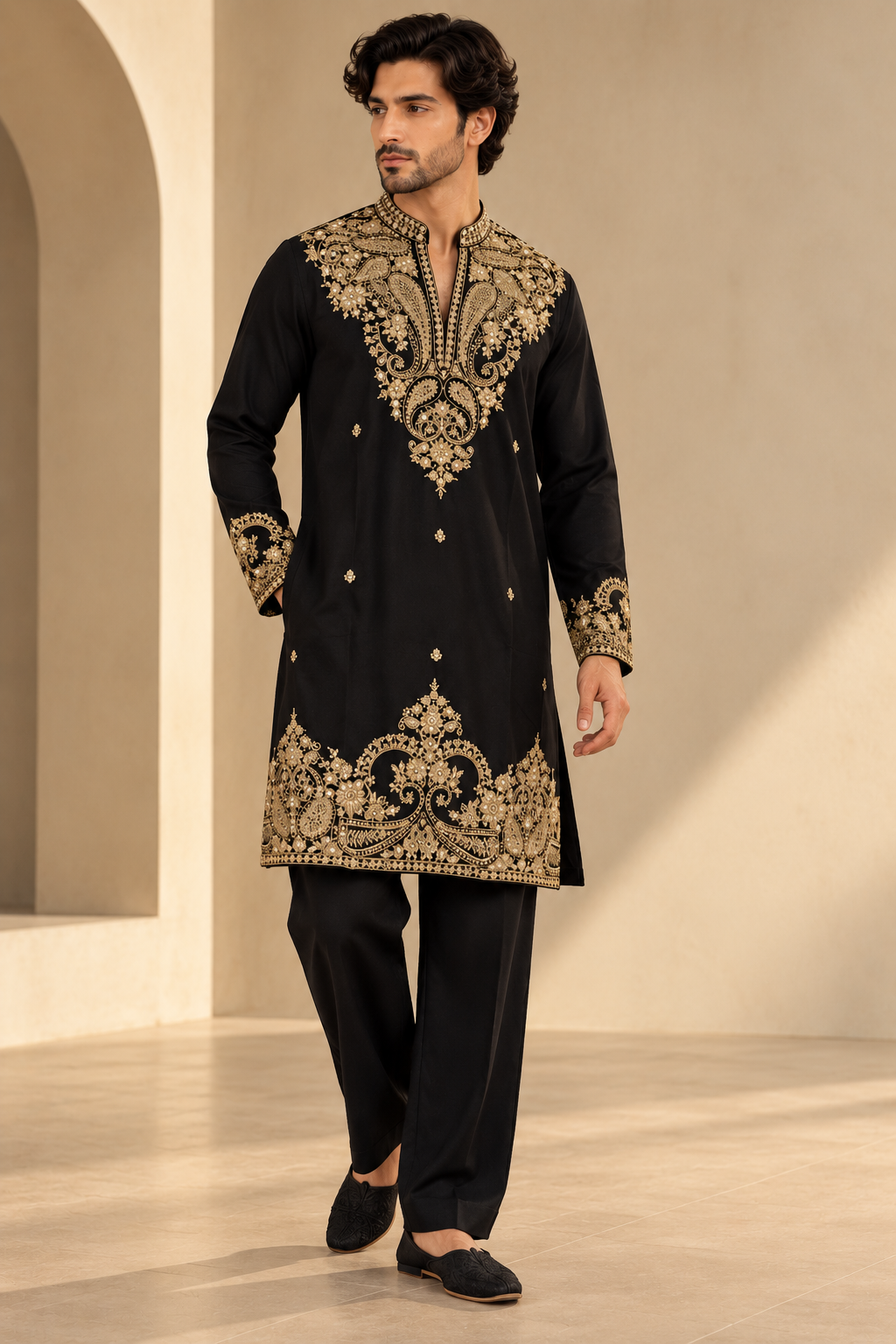 Men’s Black & Gold Embroidered Kurta Set with Matching Stole — Kurta Sets — view 2 | Lehar Clothing UAE