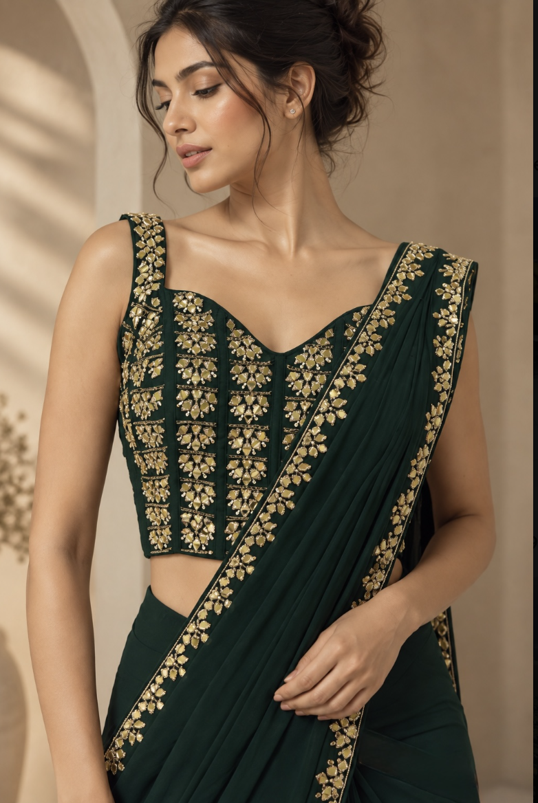Women’s Bottle Green Georgette Saree with Gold Embroidered Border & Silk-Blend Sleeveless Blouse — Sarees — view 2 | Lehar Clothing UAE
