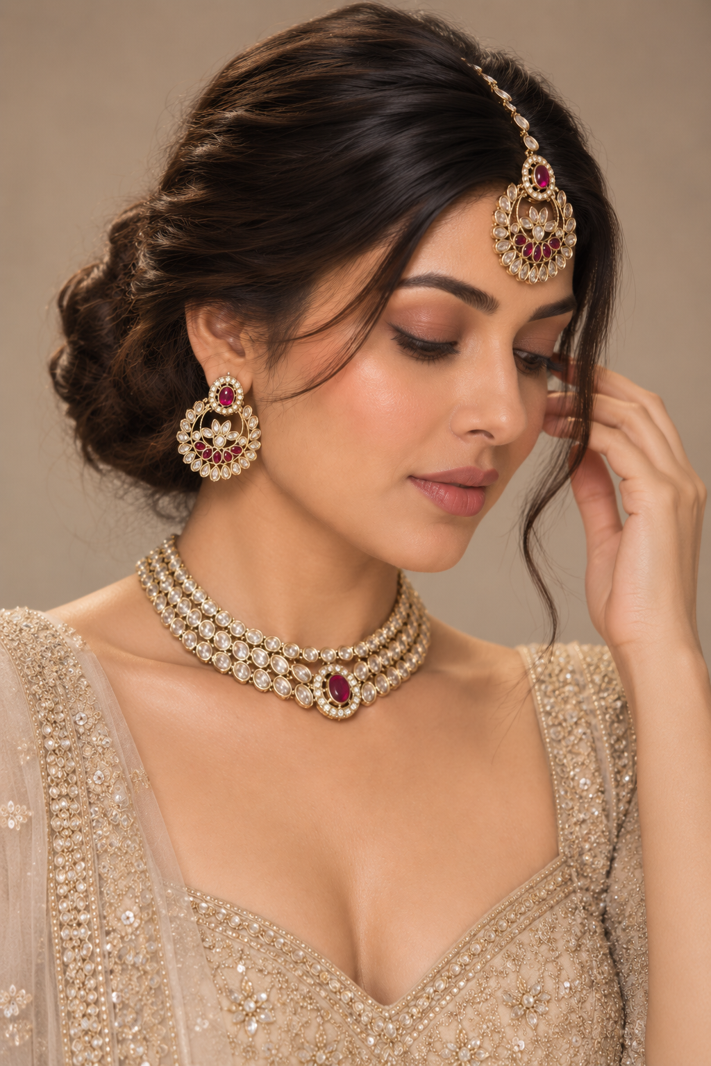 Ruby Red Kundan Layered Choker Set with Chandbali & Tikka – Indian Bridal Jewelry — Jewellery | Lehar Clothing UAE