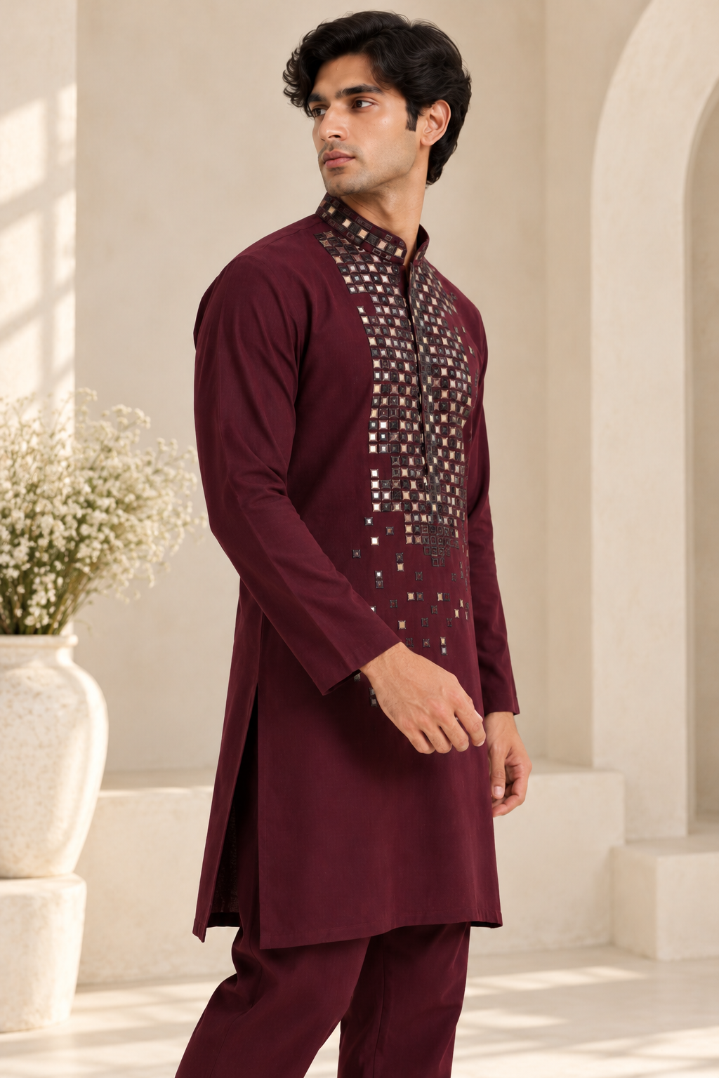 Men’s Deep Maroon Mirror Work Embroidered Kurta with Matching Pants — Kurta Sets — view 2 | Lehar Clothing UAE