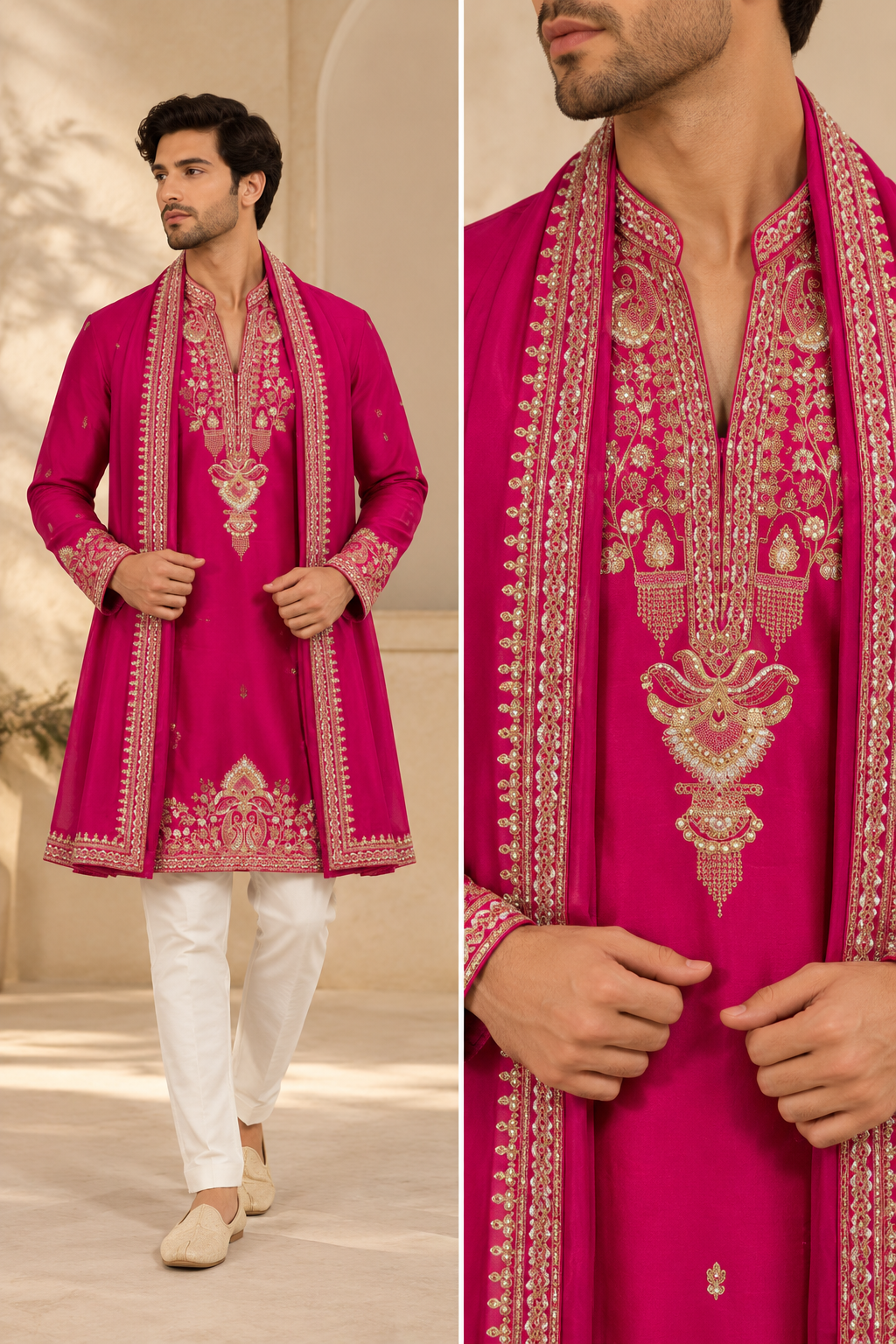 Men’s Fuchsia Pink Embroidered Kurta Pajama Set with Matching Dupatta — Kurta Sets — view 3 | Lehar Clothing UAE
