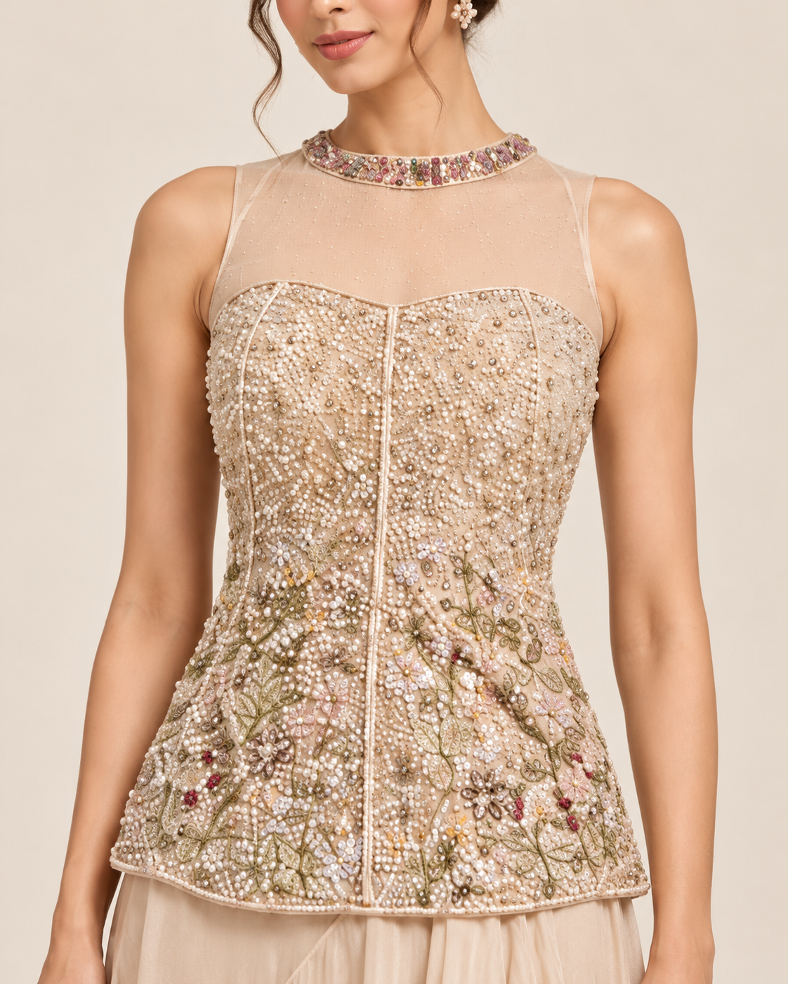 Champagne Beige Pearl & Sequin Embellished Sheer Neckline Top with Asymmetric Draped Skirt Set — Fusion wear — view 2 | Lehar Clothing UAE