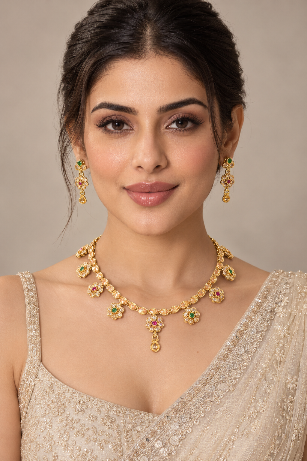 Kundan Flower Charm Necklace Set – Gold-Tone Indian Festive Jewelry — Jewellery — view 2 | Lehar Clothing UAE