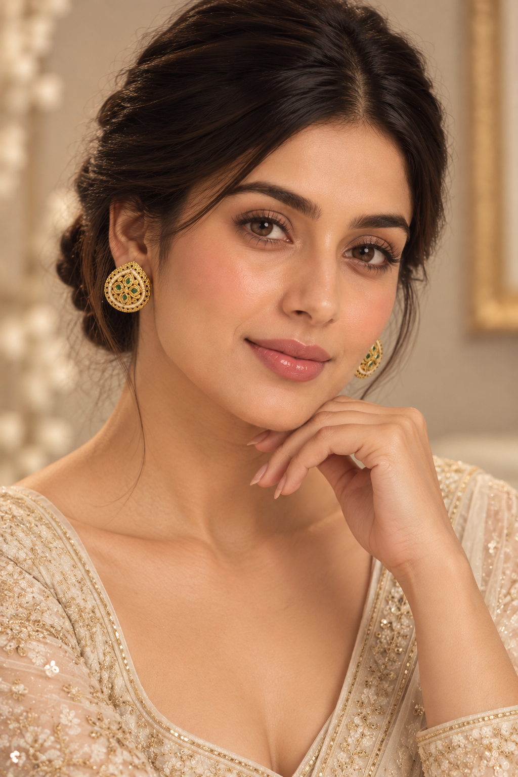 Green Stone Pearl Bead Teardrop Studs – Gold-Tone Indian Traditional — Jewellery — view 2 | Lehar Clothing UAE