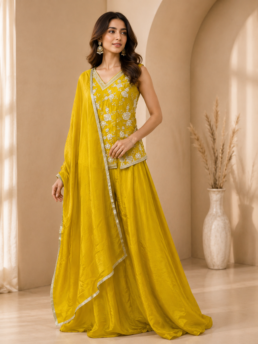 Mustard Yellow Embroidered Peplum Sharara Set with Dupatta — Sharara Set | Lehar Clothing UAE