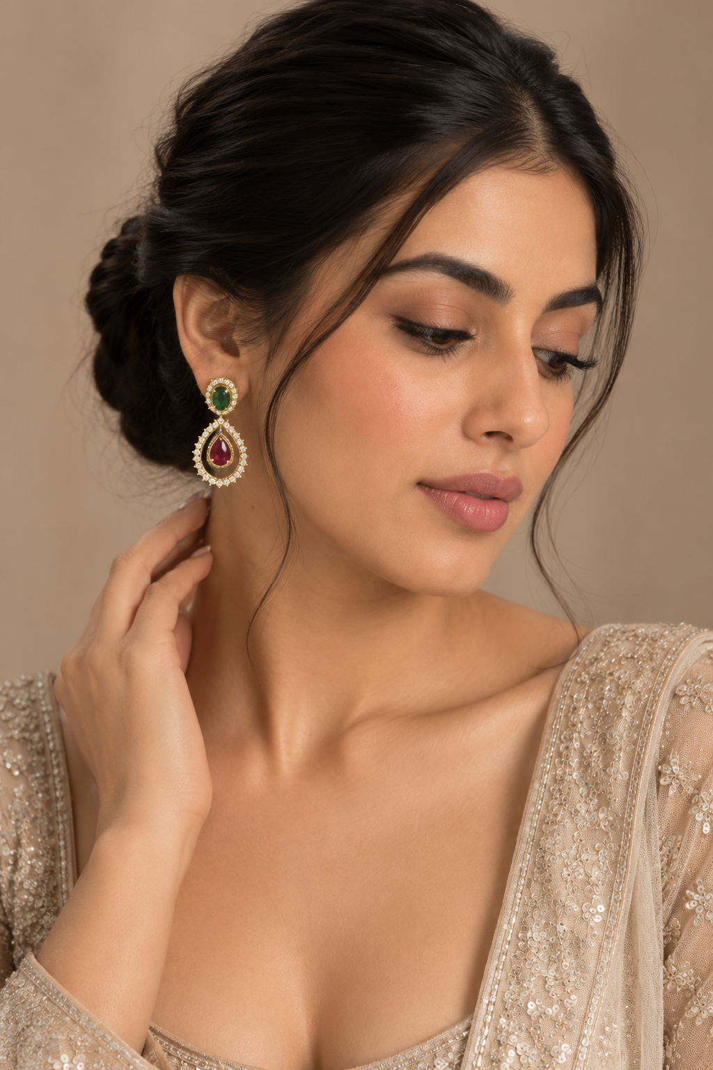 Indian Gold-Plated Stone Studded Teardrop Earrings – Emerald Green & Ruby Red Color Halo Drop Earrings, Wedding & Party Jewelry for Women — Jewellery | Lehar Clothing UAE