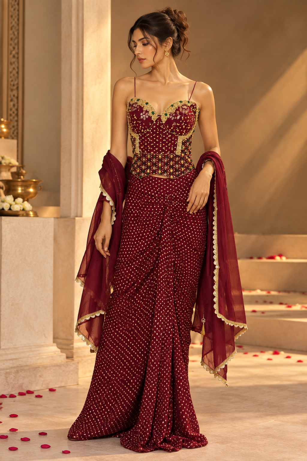 Women's Deep Maroon Embellished Sweetheart Neck Bustier with Mirror & Bead Work and Pre-Draped Saree Set — Sarees | Lehar Clothing UAE