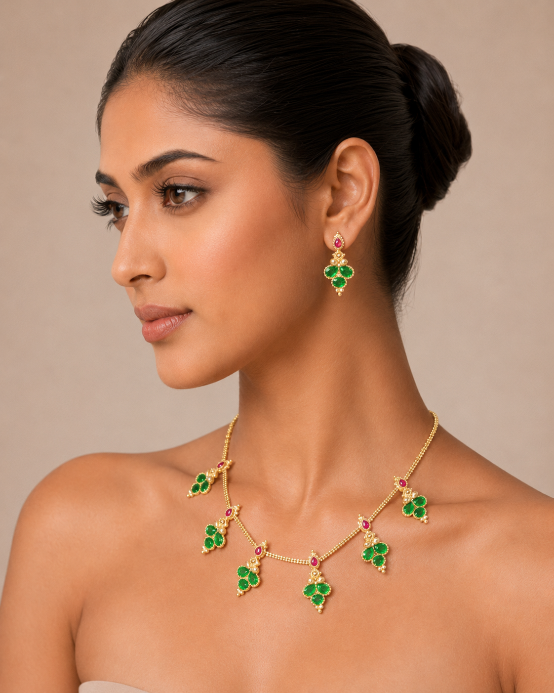 Green Stone Necklace & Earring Set – Gold-Tone Indian Traditional Jewelry — Jewellery — view 3 | Lehar Clothing UAE